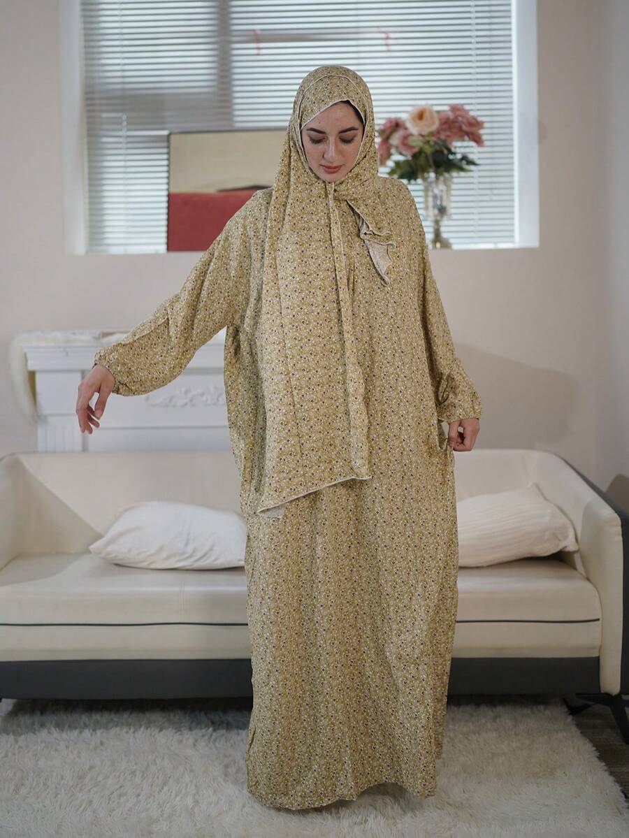 New Comfortable Breathable Fashion Printed Loose Prayer Robe & Scarf Integrated Dress Spring