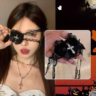 1pc Halloween Nun Eye Mask Cos Props Lolita Headdress Lace Mask Dark Hair Accessories Atmosphere Decoration