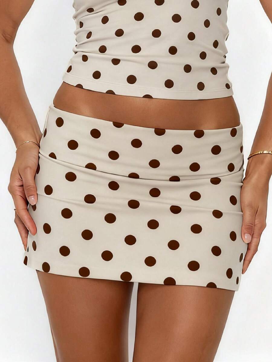 Women Y2k Bodycon Mini Skirt Polka Dot Low Rise Fold Over Skinny Short Skirt Cute Going Out Club Streetwear - 卡其色 - 查看 1