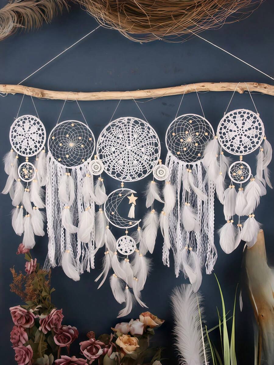 5pcs Handmade Dream Catcher With Feathers Wall Hanging Set - Multifunctional Home And Sofa Decor Crafts, Fashionable Home Wind Chime Dream Catcher Ornaments For Home, Wedding, Room Decor (Feathers Are Artificial) - Five-piece Set - View 1