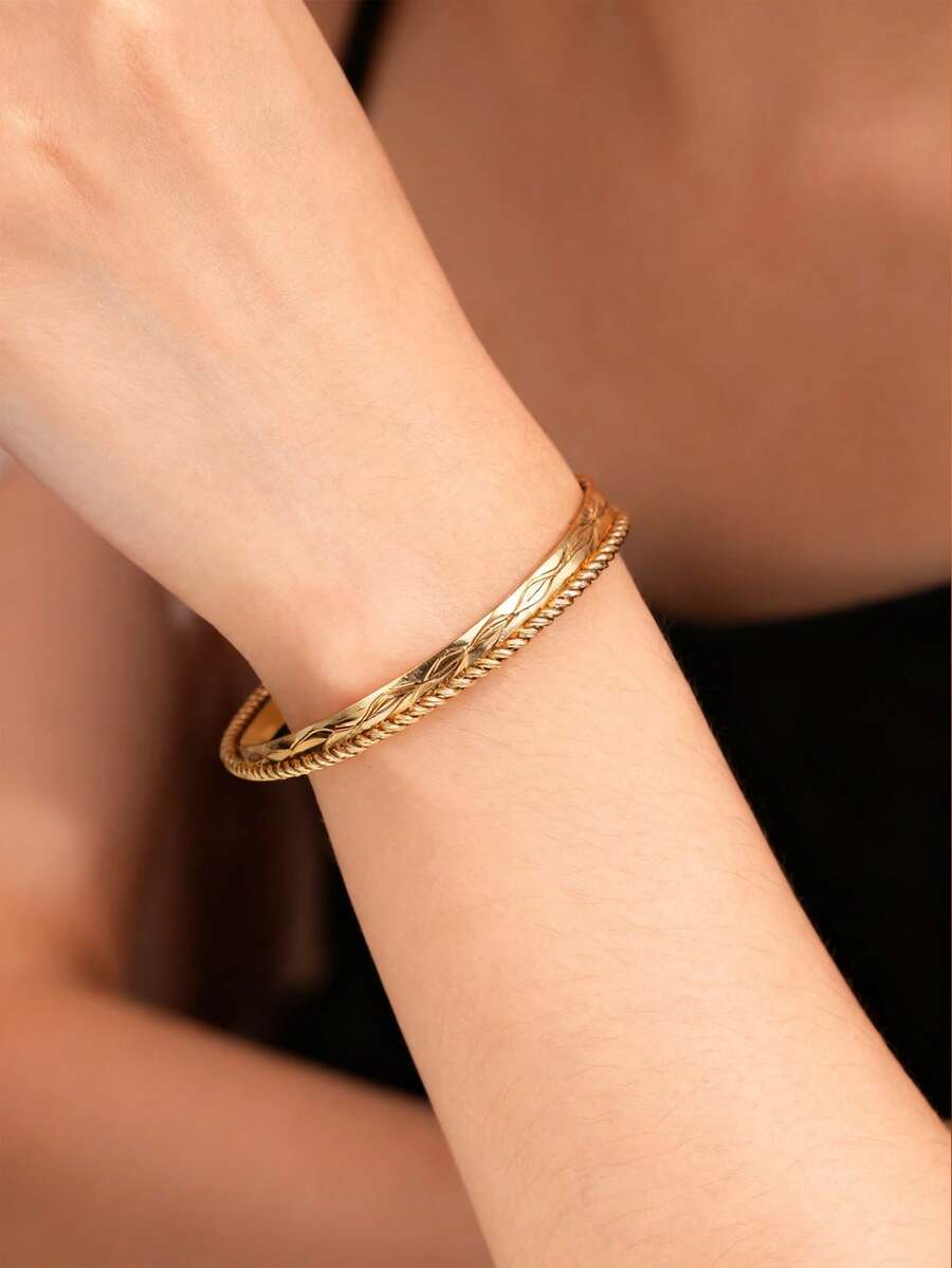1件装时尚创意手镯，双层扭纹设计，女士宴会珠宝礼品 - 金黃色 - 查看 1