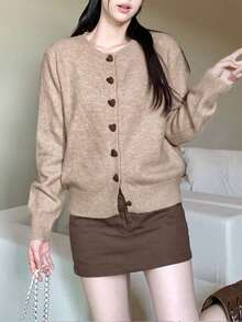 Heart Button Knitted Cardigan For Women, New Autumn Loose Sweater Jacket - Khaki - View 1