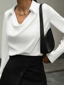 Classic White Button-Detail Regular Fit Cowl Neck Long Sleeve Shirt For Women,Fall Clothes ,Fall Dresses For Women ,Fall Outfits Women ,Autumn Clothes,Business Casual Woman ,Business Casual Outfits Women ,Business Casual , Vintage Clothes Women ,Vintage Clothes ,Business Casual Woman ,Office Outfits For Women ,Work Clothes Women - White - View 4