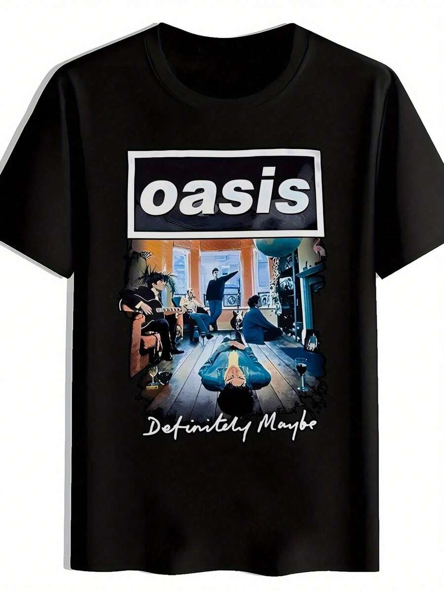 Camiseta gráfica Oasis "Definitely Maybe" - Negra, manga corta, cuello redondo, estampado de banda de rock vintage, poliéster, camiseta casual de verano para hombre, ideal para viajes, citas, vacaciones en la playa, festivales, regalo. - Negro - Ver 1