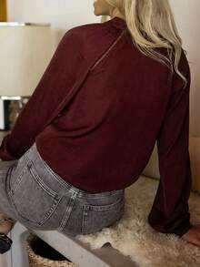 百搭女式常规长度缺口领衬衫，采用无弹力面料和常规下摆 - 酒紅色 - 查看 3
