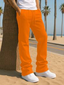 Mens Casual Solid Stacked Track Pants Zipper Pockets Polyester Spandex - Orange - View 1