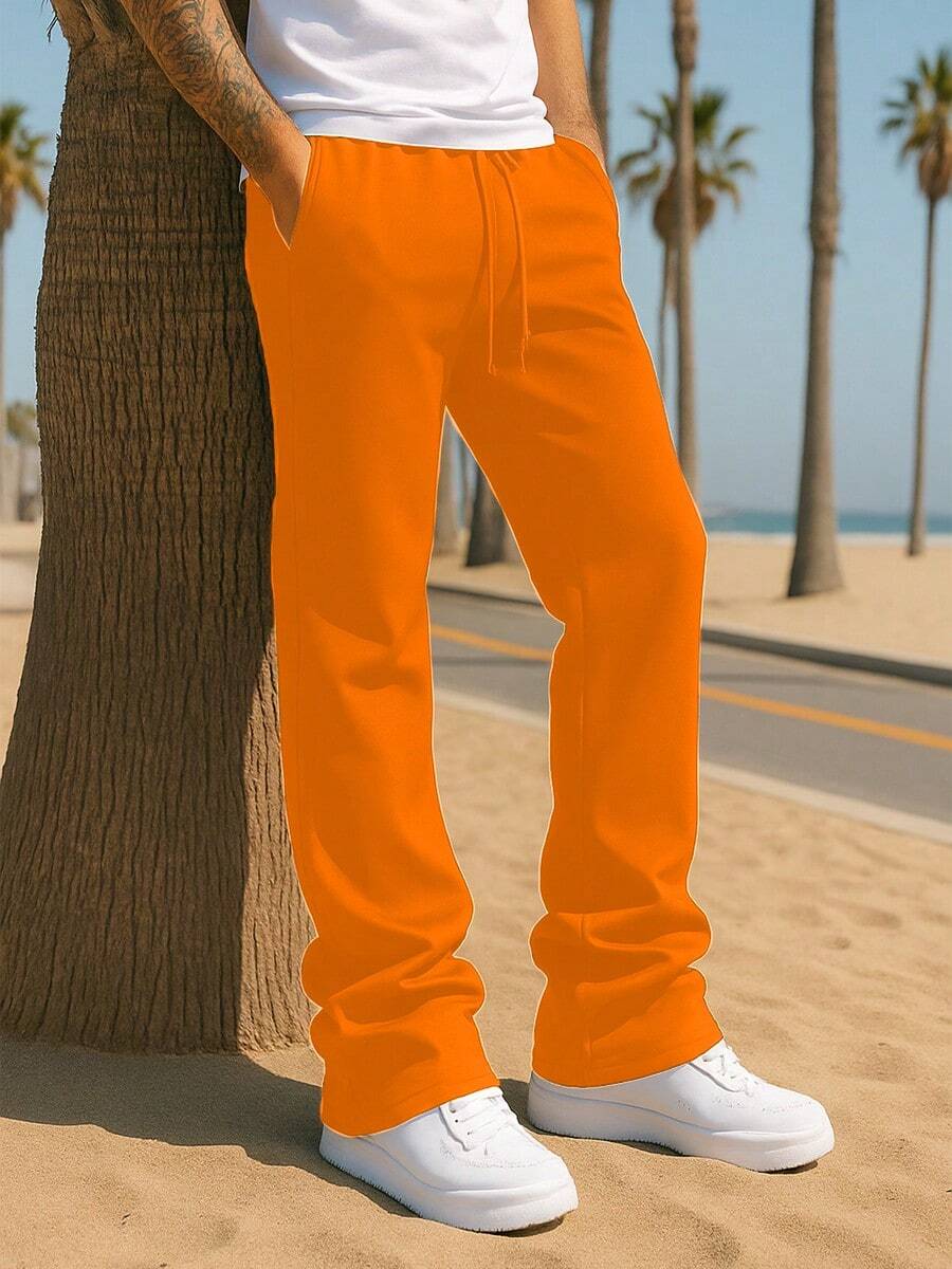 Mens Casual Solid Stacked Track Pants Zipper Pockets Polyester Spandex - Orange - View 1