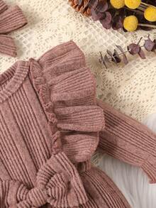 两件套柔软透气纯色女婴连体衣，饰有蝴蝶结和荷叶边细节，可爱甜美 - 藕粉色 - 查看 9