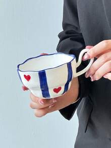 1pc Blue Striped Heart Design Ceramic Mug & Saucer Set, Cute Korean Ins Style Girly Mug With Matching Striped Heart Coaster, Ideal Choice For Breakfast, Tea Or Coffee Cup, Perfect Birthday Or Holiday Gift, Suitable For Home Use