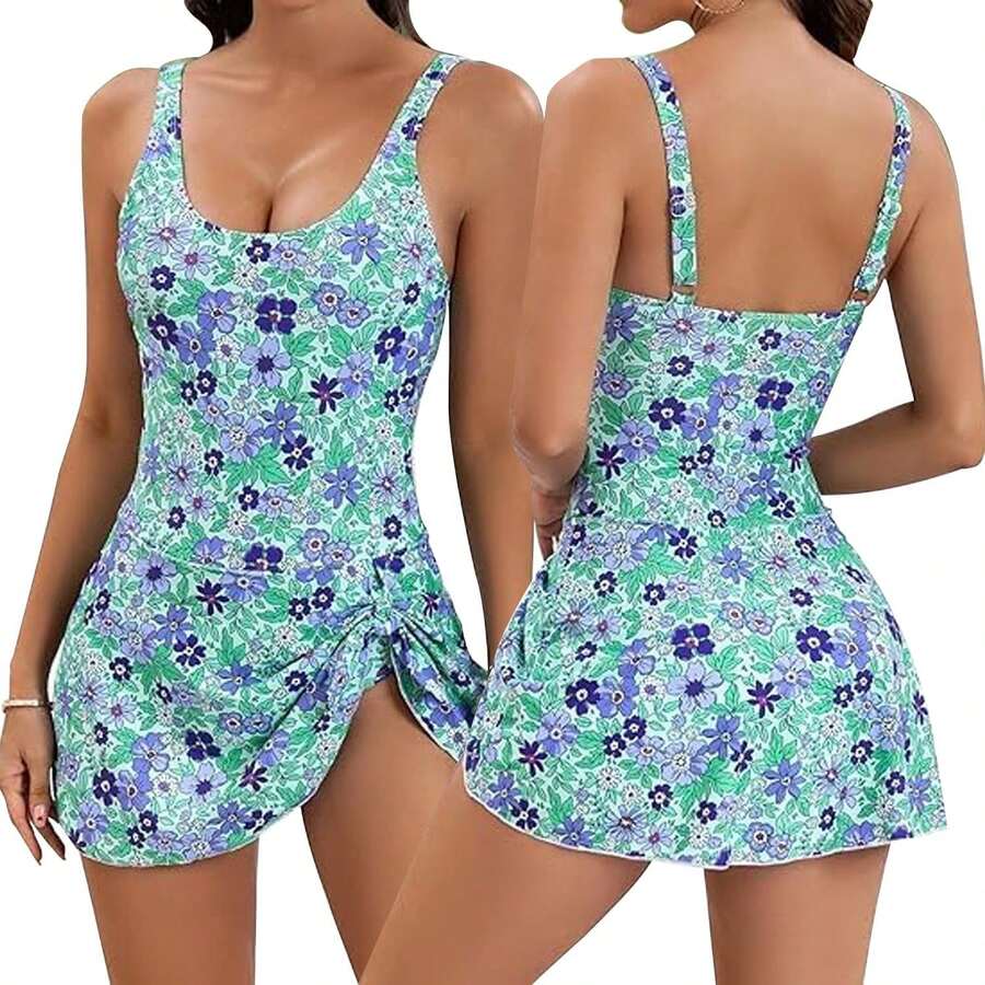 Traje de baño de una pieza para mujeres, control de abdomen, traje de baño con falda para playa, surf, natación, verano - Azul floral - Ver 1