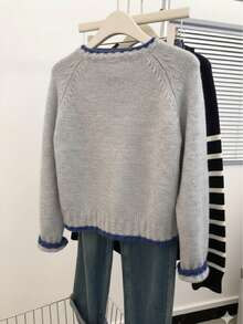 Women's Fashion Pullover Sweater, Grey Knitted Fabric, Long Sleeve Round Neck, Regular Fit, Casual Top For Autumn