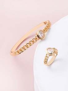 一套女士新款欧美风14K镀金复古微镶双排锆石极简搭扣手链和戒指套装 - 金色 - 查看 2