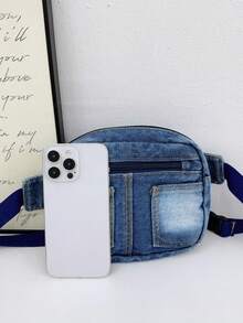 1pc Girls' Solid Color Denim Zipper Closure Fashion Chest Bag/Waist Bag/Crossbody Bag, Suitable For Daily Use All Seasons - A - View 5