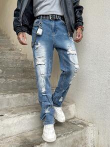 Pantalones vaqueros azul desgastados para hombre de 4 estaciones, pantalones de corte recto y delgado de estilo urbano estadounidense, personalizados con estilo Y2K, adecuados como regalo para el novio - Azul - Ver 3