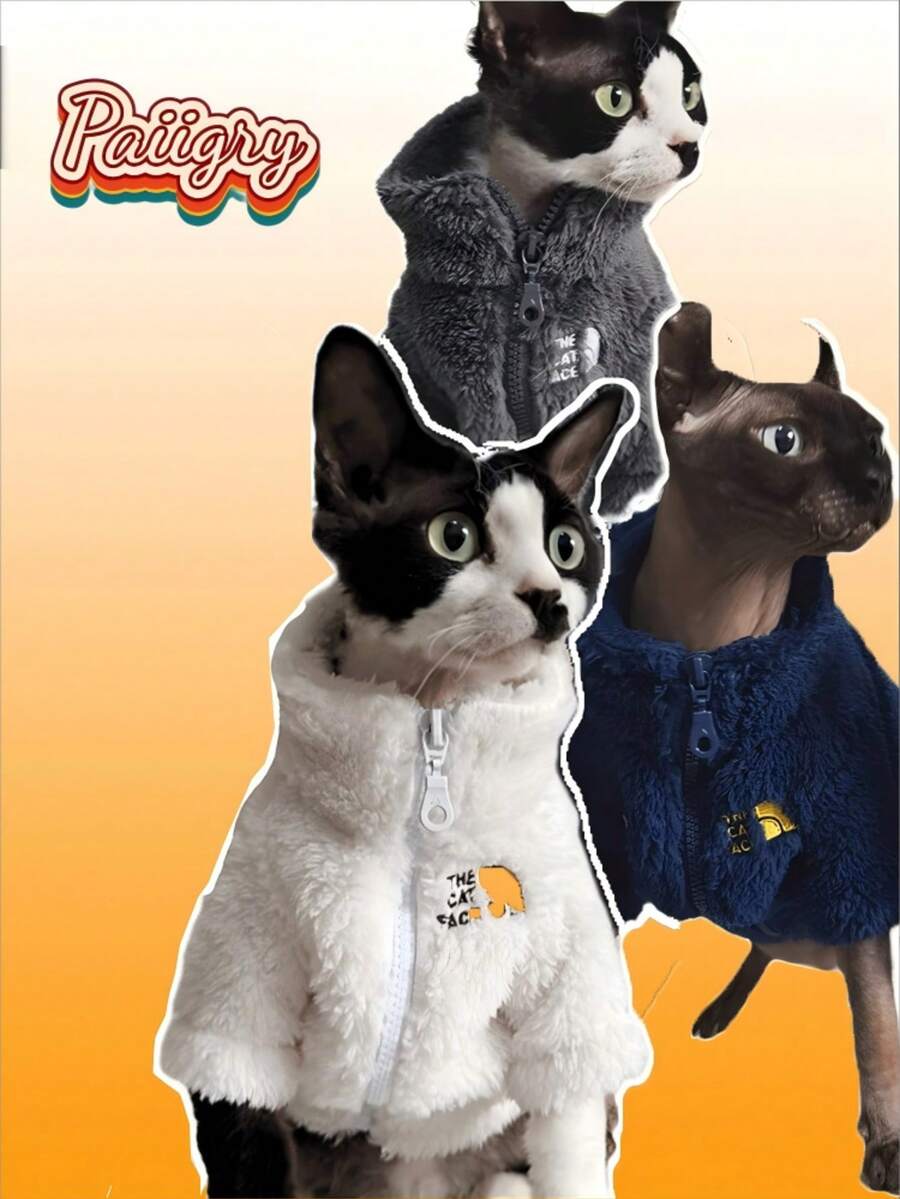 斯芬克斯猫秋冬保暖羊毛外套，拼色猫脸设计，加厚保暖
