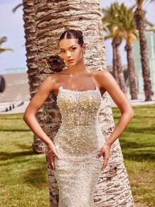 Faeriesty Đầm dạ hội đuôi cá sang trọng, lộng lẫy không dây đeo vai, đính cườm và sequin, cổ áo được trang trí cầu kỳ, dáng ôm sát với phần đuôi cá, phù hợp cho đám cưới, dạ hội, tiệc tùng và các sự kiện thảm đỏ, thanh lịch và quyến rũ cho mùa xuân tiệc tùng. - Rượu sâm banh - Xem 6