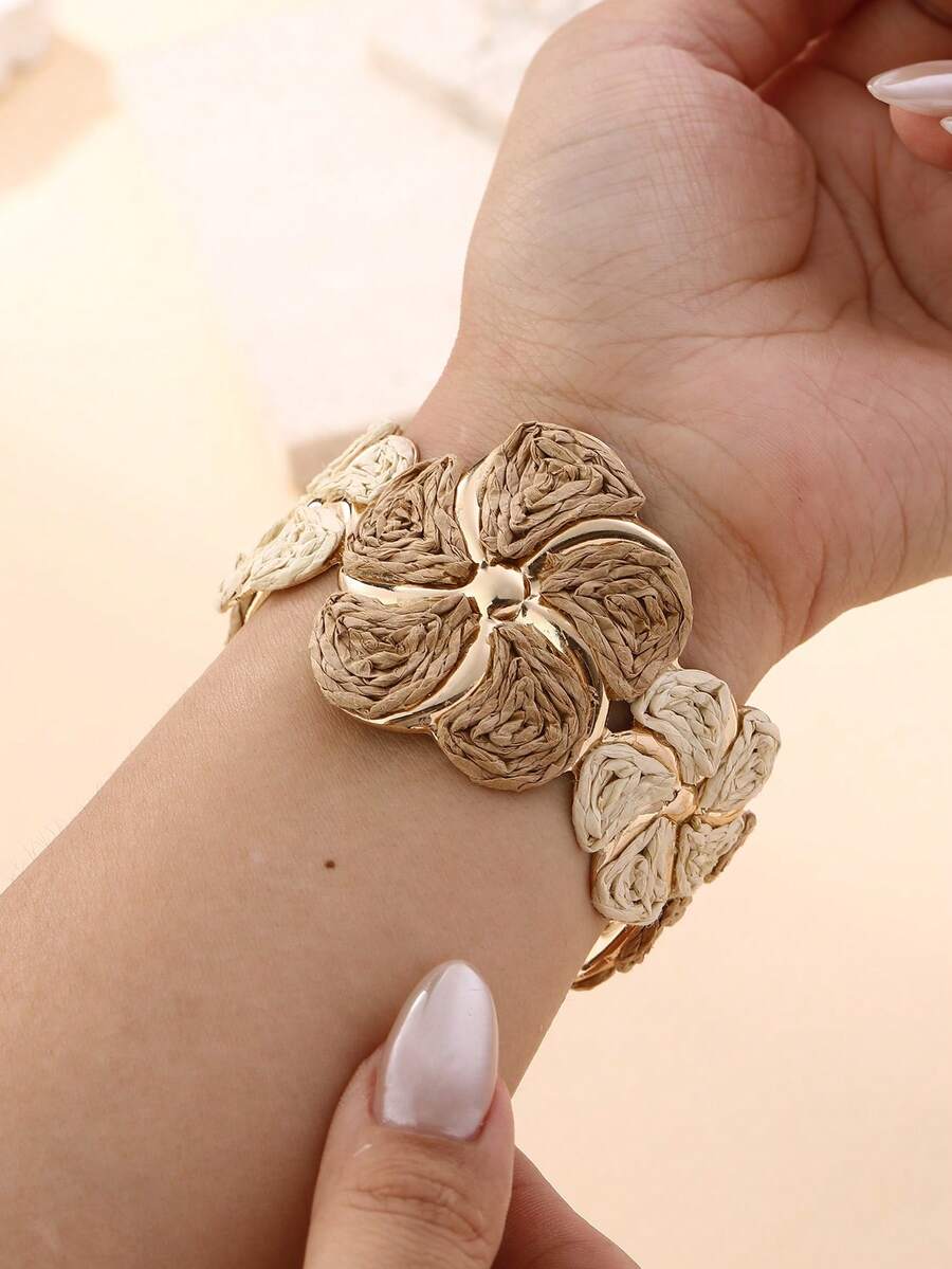1pc Handmade Exaggerated Floral Paper Yarn Woven Bracelet, Fashionable & Versatile, Suitable For Vacation, Party And Daily Wear - Khaki - View 1