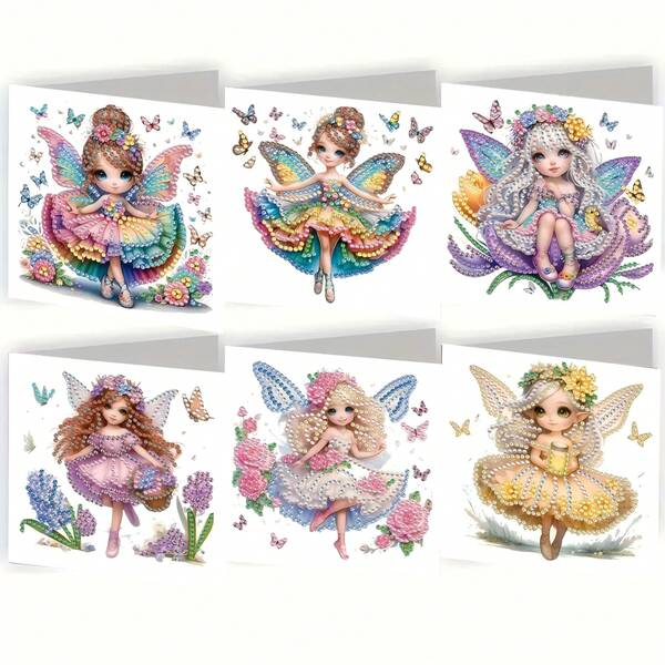 6pcs Diamond Painting Greeting Card Set, DIY Butterfly Fairy Pattern Design - Includes 6 Envelopes, High-Quality Craft Paper Material, Mosaic Art Creative Postcard. Suitable For Holiday Blessings Or Conveying Heartfelt Gifts, Expressing Warmth And The Best Wishes.