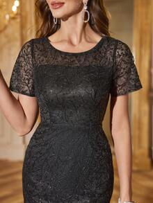 UNITHORSE Sequin Embroidered Fitted Mermaid Hem Evening Gown - Black - View 6