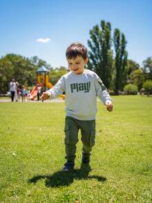 2pcs/Set Casual Cute Boys Outfit, Letter Embroidered Detail Pocket Round Neck Long Sleeve Sweatshirt And Solid Color Cargo Pants, Soft & Comfortable Kids Clothing Suitable For Daily, Vacation, Party, Outdoor - Multicolor - View 5
