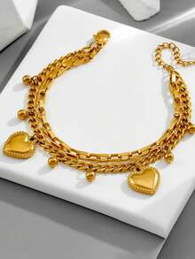 1 件双层心形不锈钢手链 - 金黃色 - 查看 2