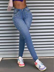 Women's Elegant Pearl Embellished Denim Skinny Jeans Long Length Slim Fit With Medium Stretch For Party And Sexy Style - 藍色 - 查看 3