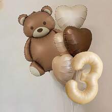 8pcs, 18-Inch Retro Colorful Heart Foil Balloons, Including Cute Brown Bear Balloons, With 32-Inch Caramel Number 1, 2, 3, 4, 5, 6, Suitable For Birthday, Mother's Day, Halloween, Christmas Party Decorations, Also For Home Room Decor, Kids Birthday Decor - Coffee Brown - View 6