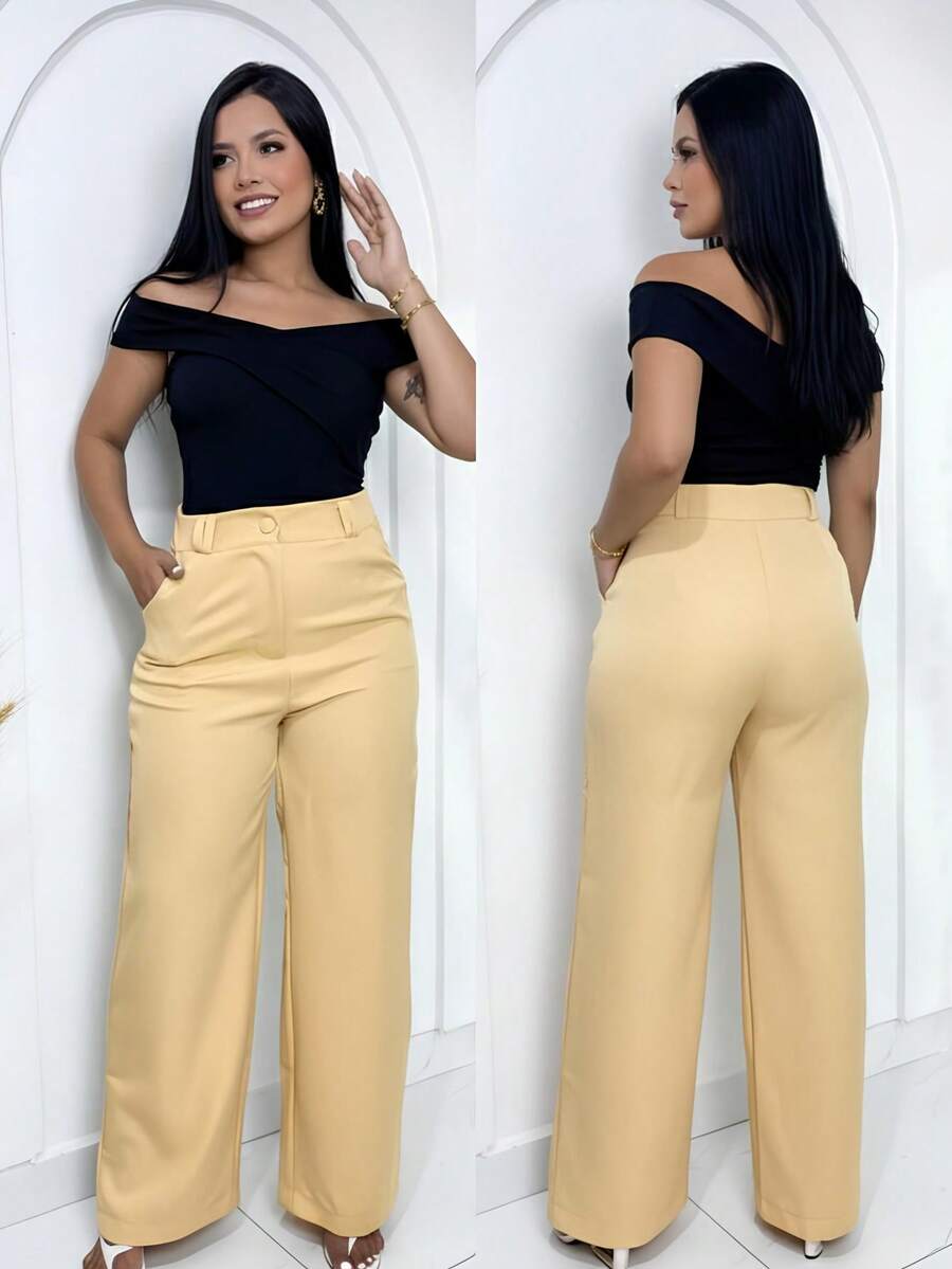 Women's Tailored Trousers, High Waist Wide Leg, Elegant Formal Pants - Light Yellow - View 1