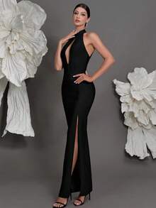 露背针织绷带紧身连衣裙，奢华欧式新款晚会开衩礼服，时尚性感修身鸡尾酒会礼服，适合家庭度假