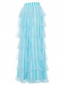 Women  Cute Pants Casual Layered Mesh Ruffles Stripe Print Elastic Trousers For Daily Streetwear - Màu xanh lam - Xem 1