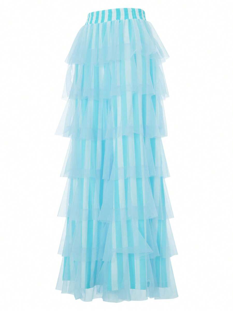 Women  Cute Pants Casual Layered Mesh Ruffles Stripe Print Elastic Trousers For Daily Streetwear - Màu xanh lam - Xem 1