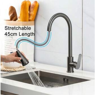 1 件商用级厨房水龙头，360° 旋转，一键开启/关闭，双喷水模式，304 不锈钢，高拱节水防溅设计，拉丝表面