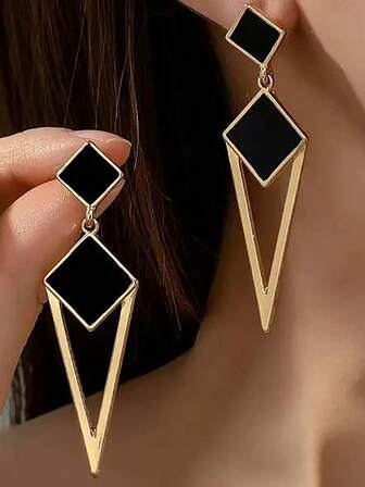 1 Pair Fashionable & Versatile Diamond-Shaped Alloy Pendant Earrings