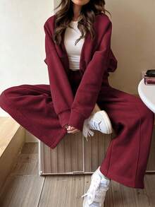 GAOVOT Bộ đồ nữ áo nỉ hai mảnh thu/đông thường ngày đi làm thường ngày đi chơi phố cổ đứng áo khoác cardigan và quần ống rộng ống đứng rộng rãi - Màu Đỏ Sâu - Xem 6