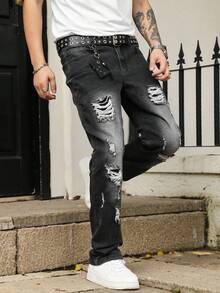 男士修身弹力破洞牛仔裤，休闲学院街头风格，适合所有季节 - 灰色 - 查看 6