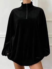 Áo nỉ dài tay có mũ kéo khóa màu đen cỡ lớn dành cho nữ, kiểu dáng rộng rãi, phong cách đường phố, thích hợp cho mùa thu/xuân. - màu đen - Xem 5