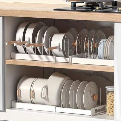 1 pieza Organizador de estante ajustable para ollas de metal, almacenamiento sin carga debajo del fregadero para ollas, sartenes y tapas, accesorio de cocina ideal para Navidad, decoración de Año Nuevo, regalo de San Valentín