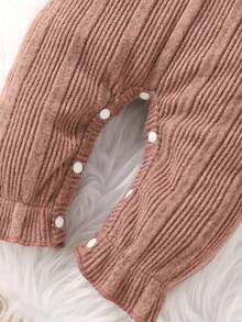 两件套柔软透气纯色女婴连体衣，饰有蝴蝶结和荷叶边细节，可爱甜美 - 藕粉色 - 查看 6