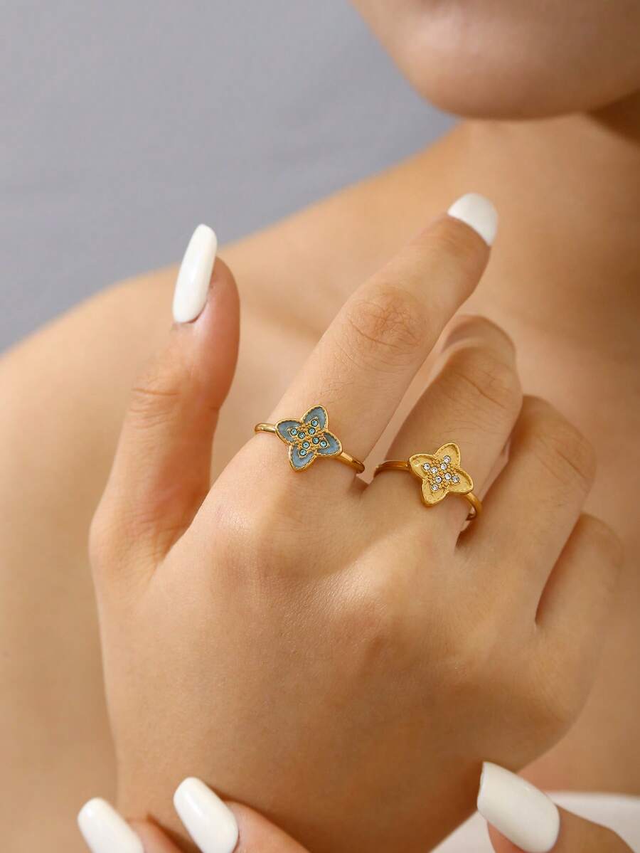 1 件优雅奢华精致简约欧洲复古别致高端 18k 镀金不锈钢锆石钻石几何图案戒指，适合夏季、假日、旅行、工作、日常佩戴、派对和聚会，女士珠宝 - 金色 - 查看 1