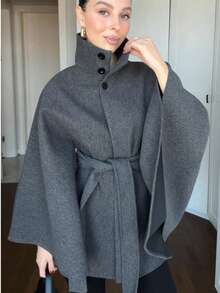 Áo khoác nữ thanh lịch cổ cao tay cánh dơi, eo thắt, chất liệu len pha, thích hợp cho mùa Thu/Đông/Xuân. - Xám - Xem 2
