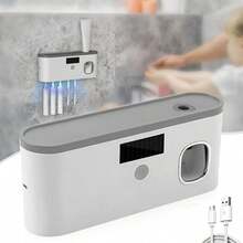 智能紫外线牙刷消毒器支架及4槽牙刷架，触屏式壁挂牙刷架带牙膏分配器，USB/太阳能充电式牙刷消毒器，浴室牙刷消毒器，无需钻孔 - 彩色 - 查看 2