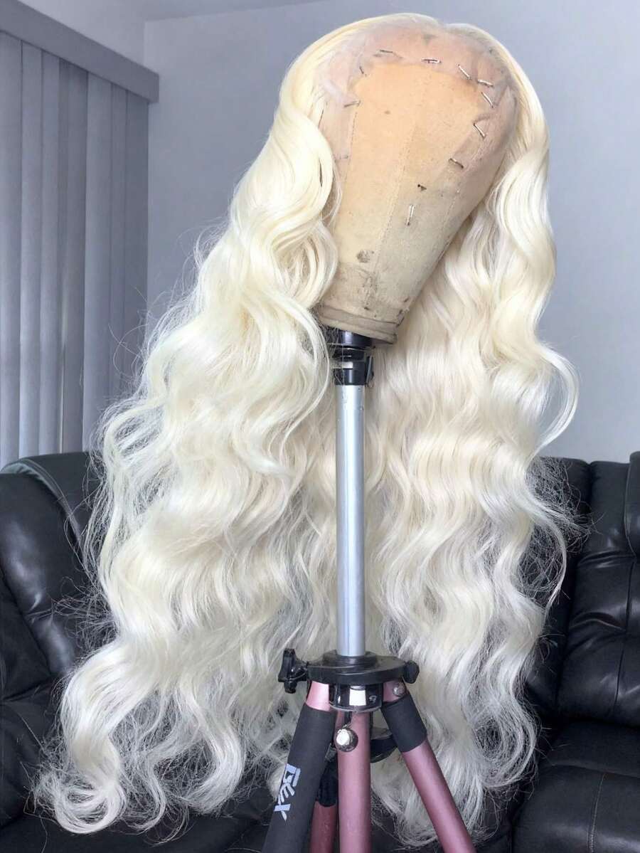 Put On And Go Platinum Blonde Colored Glueless Wig Human Hair 13x4 HD Transparent Lace Front Wigs Human Hair Pre Plucked Body Wave Wig 250 Density Water Wave Lace Closure Wig Human Hair For Women Perfect - 鉑 - 查看 1
