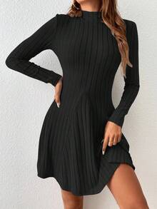 Vestido Elegante Para Mujer Manga Larga Cuello Redondo Color Sólido Slim Ropa Diaria Cita - Negro - Ver 2