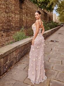 Faeriesty Đầm dạ hội đuôi cá thanh lịch với họa tiết hoa 3D thêu, đính sequin và hạt cườm – kiểu dáng đuôi cá xẻ tà bên hông, thích hợp cho đám cưới, tiệc cô dâu, dạ hội và các sự kiện thảm đỏ. - Màu Hồng baby - Xem 11