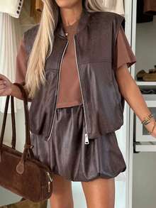 Gilet marron style Old Money décontracté pour femme, printemps/été, Saint-Valentin, style vacances élégant, veste gilet vintage en PU, mode femme pour soirée - Brun - Voir 7