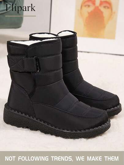 Flipark Cárdigan, estilo con suéter talla 36-44 Botas de nieve forradas térmicas y engrosadas para exteriores para mujeres, de tubo medio, invierno, puntera redonda, tacón plano, talla grande, botas impermeables antideslizantes para mujeres, botas de mantención del calor, zapatos de mamá de mediana edad