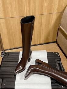 2025 High Quality Hot Selling Autumn New Thick Heel Tall Boots, Fashionable Over-The-Knee Pointed Toe Metal Decor European Style Elegant Minimalist Brown Boots For Women