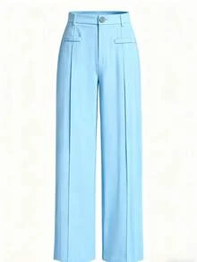 LIU ME Women's Tailored Trousers With Fake Pocket – High Waist And Wide Leg - Baby Blue - View 1