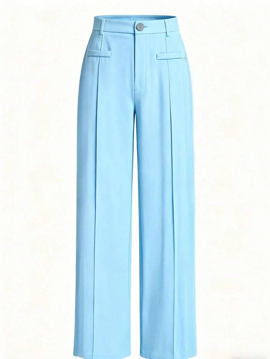 LIU ME Women's Tailored Trousers With Fake Pocket – High Waist And Wide Leg - Baby Blue - View 1