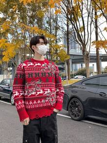 Suéter masculino de Natal, suéter vermelho com estampa de rena, novo estilo 2025, borla desgastada